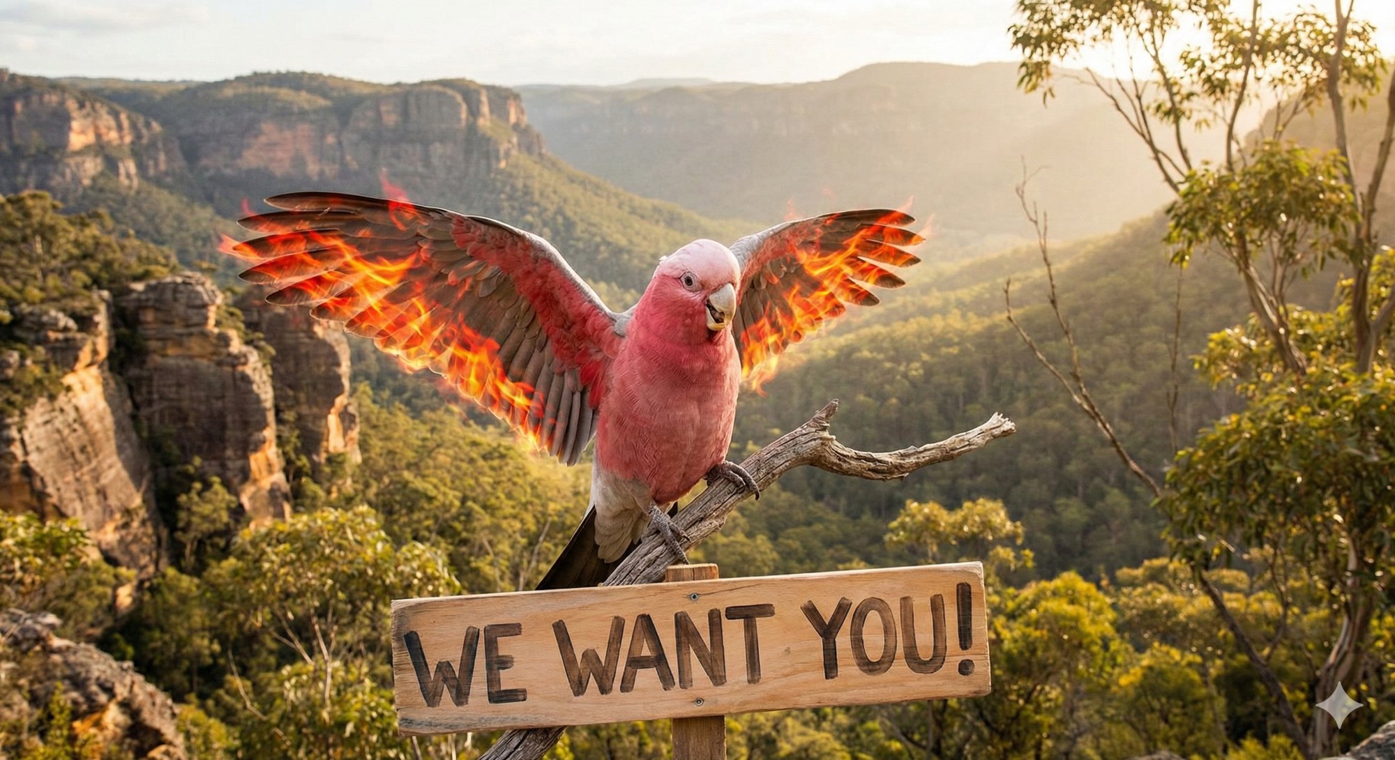 The Flaming Galah — wings spread wide over Capertee Valley