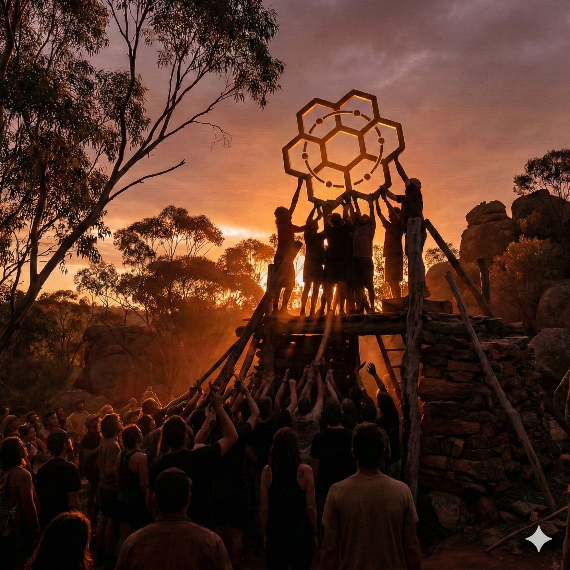 Communal Effort — community raising a structure at sunset in Australian bush