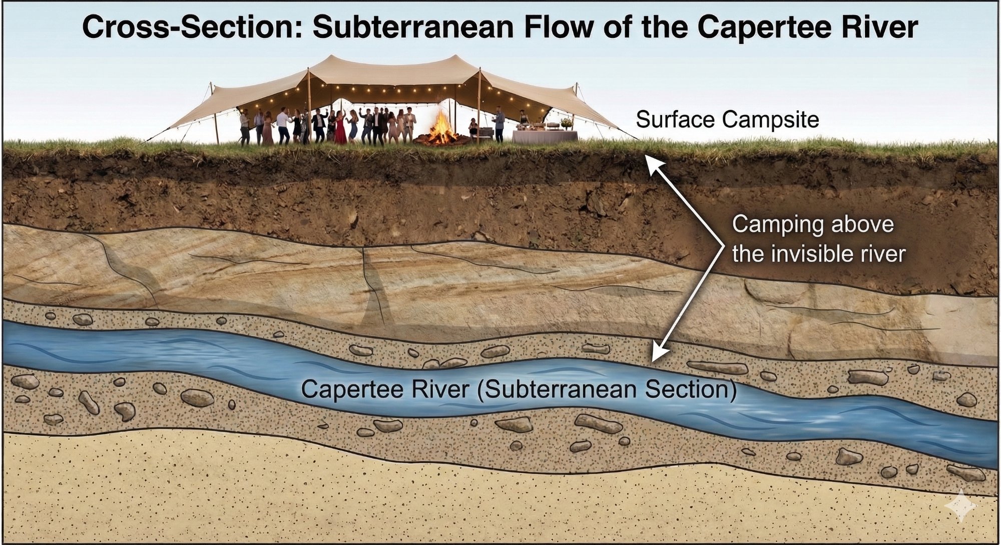 Cross-section diagram: Subterranean flow of the Capertee River beneath the campsite