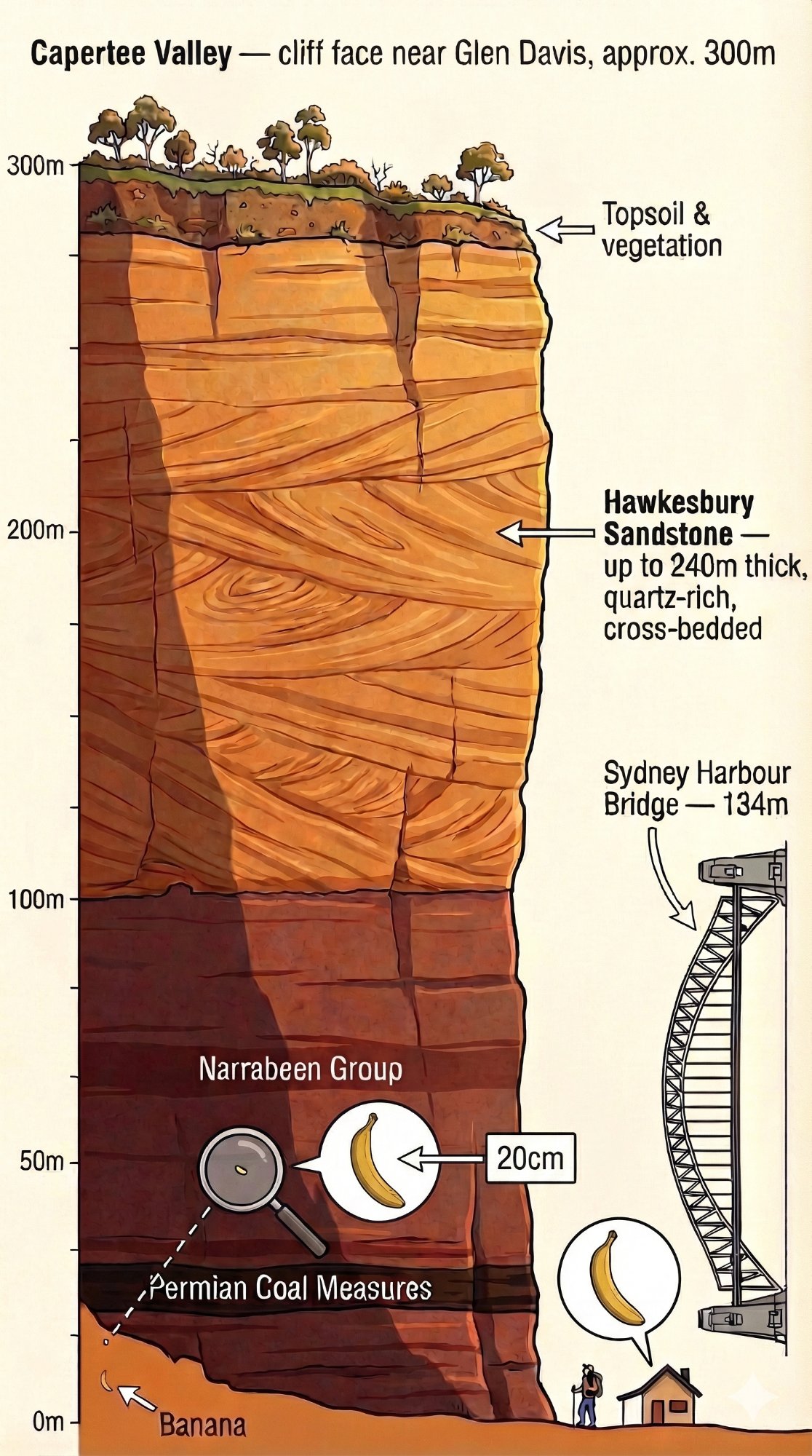 Geological cross-section of the Capertee Valley cliff face showing strata layers and scale comparison with Sydney Harbour Bridge