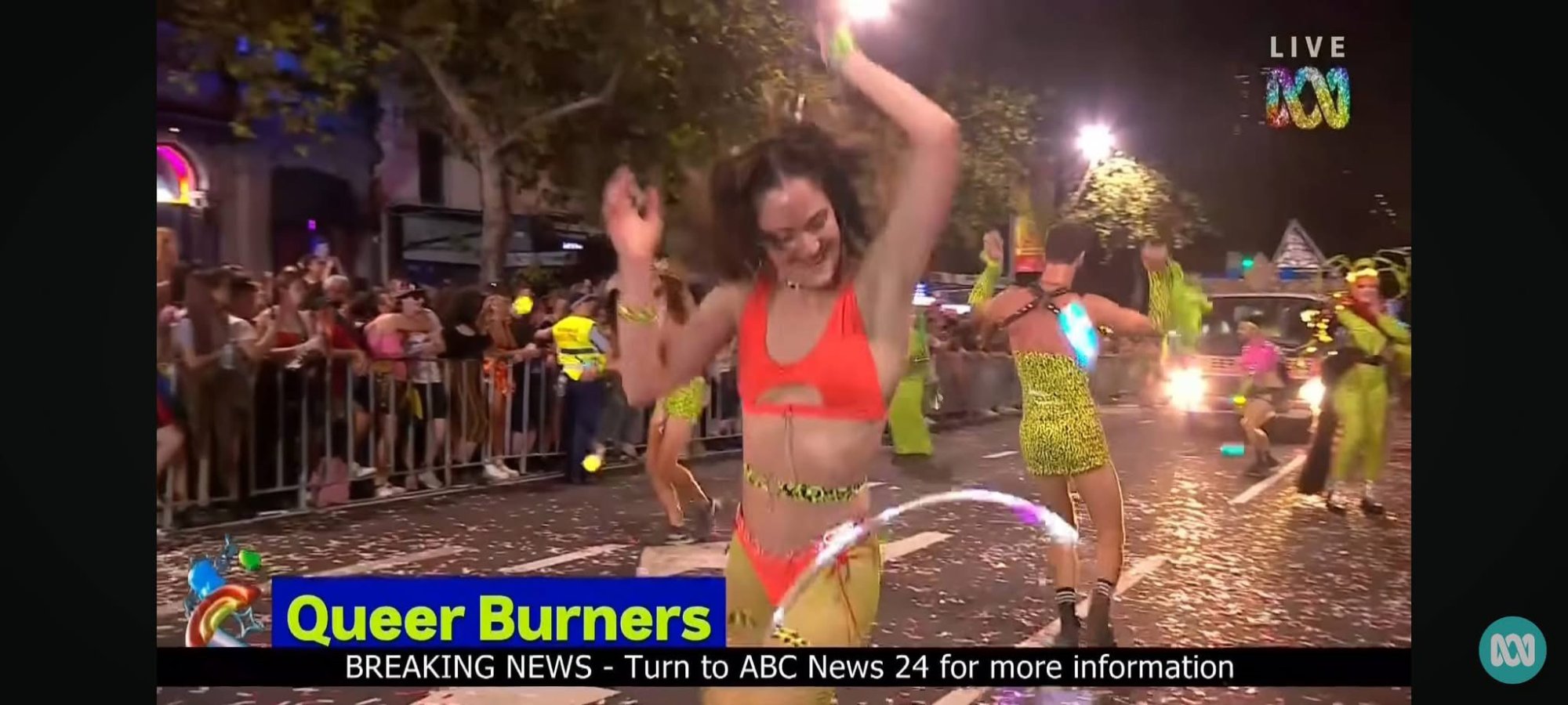 ABC News live broadcast — Queer Burners on Oxford Street, Sydney Mardi Gras 2026